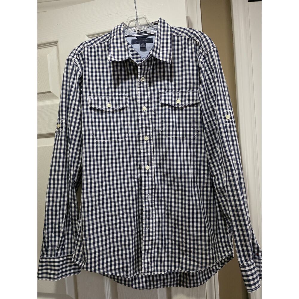 Tommy Hilfiger Blue Plaid Mens Button Down Shirt Size Large Preppy